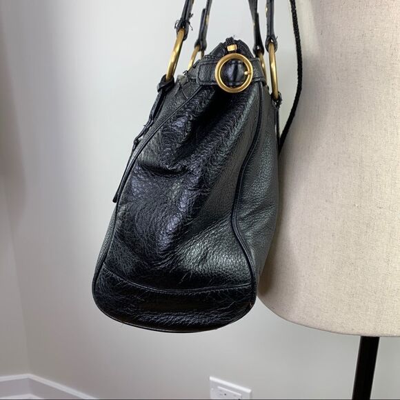 The Sak Pink‎ Label Black Leather Satchel Shoulder Bag Brass Rings Double Strap - Picture 5 of 16